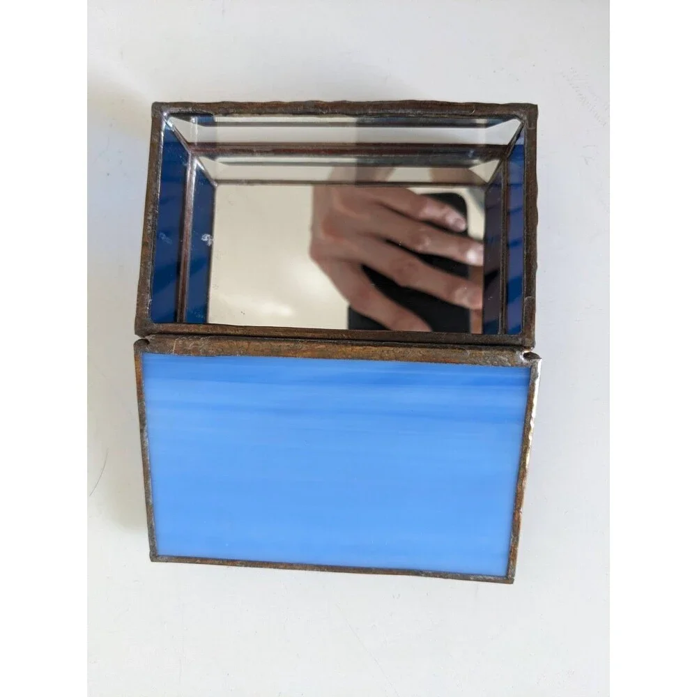 Vintage Stained Glass Brass Trinket Jewelry Box Blue With Mirrored Bottom Flower
